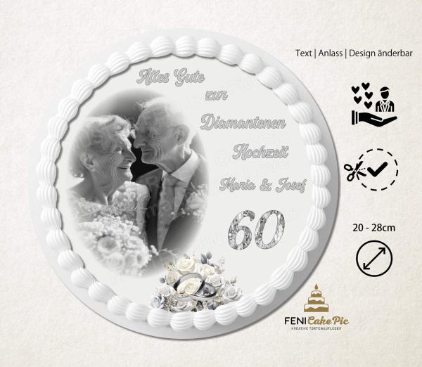 Tortenaufleger zur diamantenen Hochzeit mit Foto personalisiert