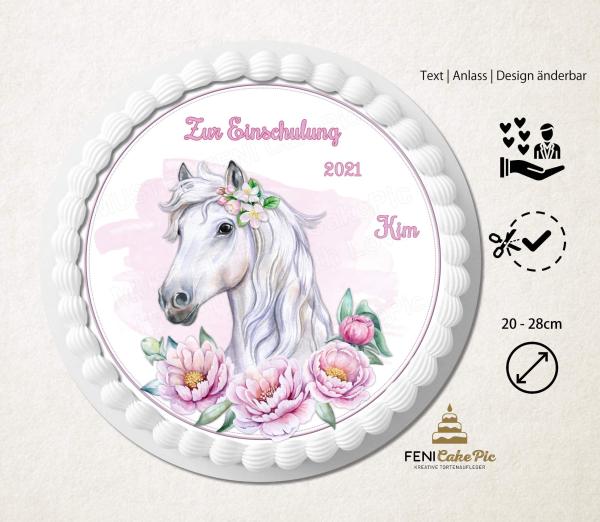 Tortenaufleger weißes Pferd mit rosa Rosen personalisiert