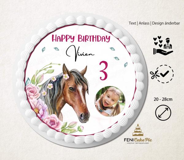 Tortenaufleger zum Geburtstag "Pferd & Rosen" in Rosa mit Foto und einem Wunschtext