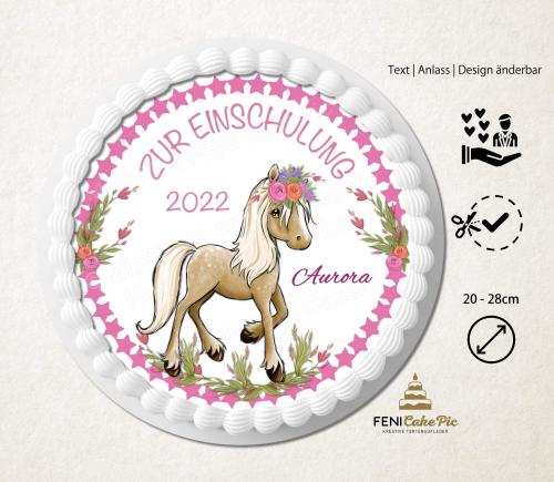 Tortenaufleger zum Schulanfang "Pferd & Blumen" mit einem Wunschtext in Rosa