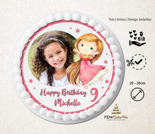 Tortenaufleger zum Geburtstag "Prinzessin & Sterne" in Rosa mit einem Foto & einem Wunschtext