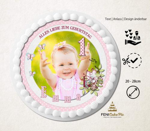 Tortenaufleger zum Geburtstag "Blumen & Schmetterlinge" in Rosa mit Foto und einem Wunschtext